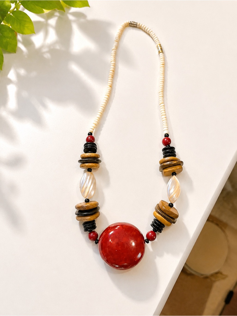 Chico's Red and Cream Beaded Statement Necklace